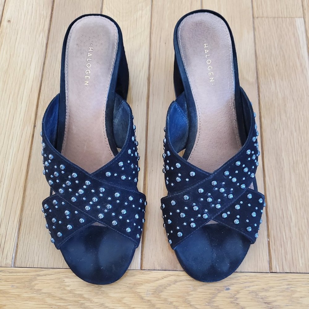 Halogen woman's black suede sandals with studded straps, size 7 1/2
